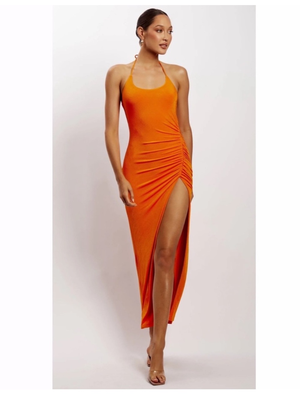 Meshki Orange Halter Maxi Dress with Side Ruched Slit